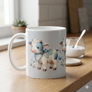 Blue Gingham Baby Cow Pastel Farm Aesthetic Coffee Mug