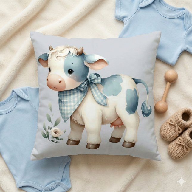 Blue Gingham Baby Cow Pastel Farm Aesthetic Cushion (Blue Gingham Baby Cow Pastel Farm Aesthetic Throw Pillow Mockup A)
