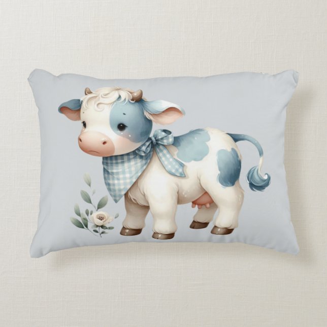 Blue Gingham Baby Cow Pastel Farm Aesthetic Decorative Cushion (Front)
