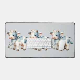 Blue Gingham Baby Cow Pastel Farm Aesthetic Desk Mat