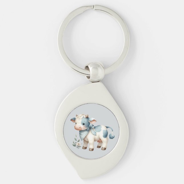 Blue Gingham Baby Cow Pastel Farm Aesthetic Key Ring (Front)