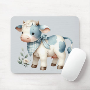 Blue Gingham Baby Cow Pastel Farm Aesthetic Mouse Mat