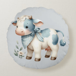 Blue Gingham Baby Cow Pastel Farm Aesthetic Round Cushion