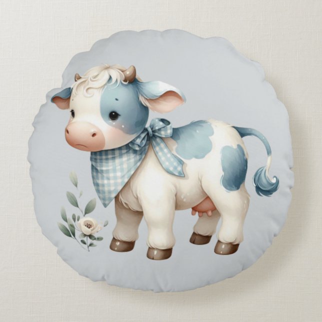 Blue Gingham Baby Cow Pastel Farm Aesthetic Round Cushion (Front)