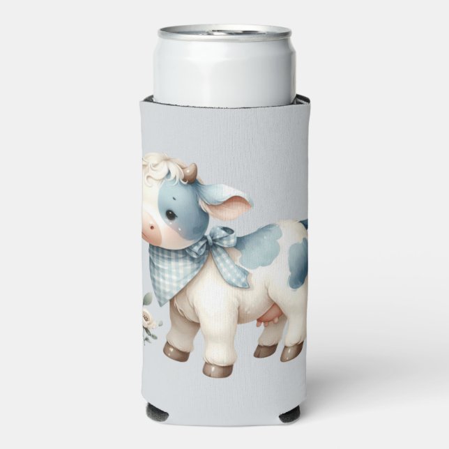 Blue Gingham Baby Cow Pastel Farm Aesthetic Seltzer Can Cooler (Seltzer Front)