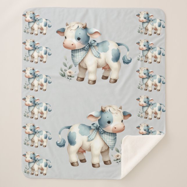 Blue Gingham Baby Cow Pastel Farm Aesthetic Sherpa Blanket (Front)