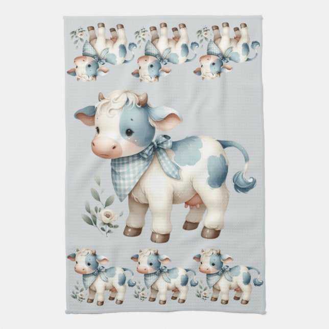 Blue Gingham Baby Cow Pastel Farm Aesthetic Tea Towel (Vertical)