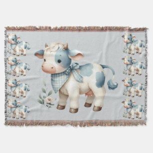 Blue Gingham Baby Cow Pastel Farm Aesthetic Throw Blanket