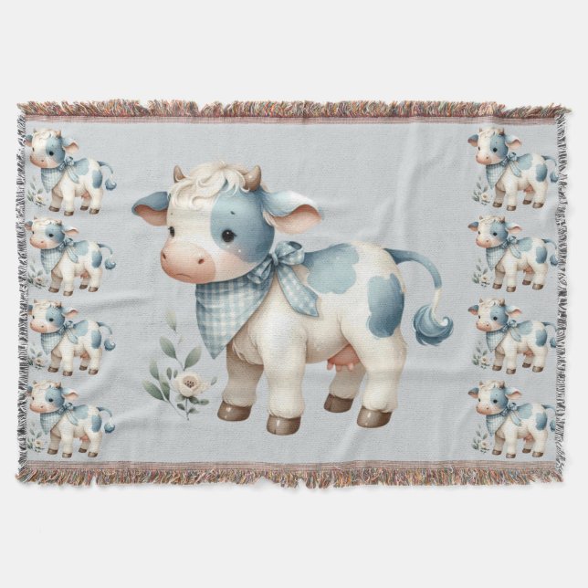 Blue Gingham Baby Cow Pastel Farm Aesthetic Throw Blanket (Front)