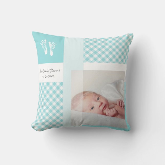 Blue Gingham Baby Footprints Birth Photo Cushion (Front)