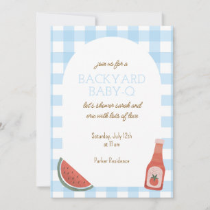Blue Gingham Baby-Q Baby Shower Invitation