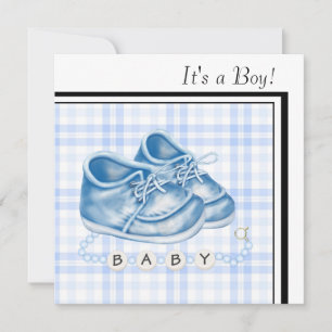 Blue Gingham Baby Shoes Black Blue Baby Boy Shower Invitation