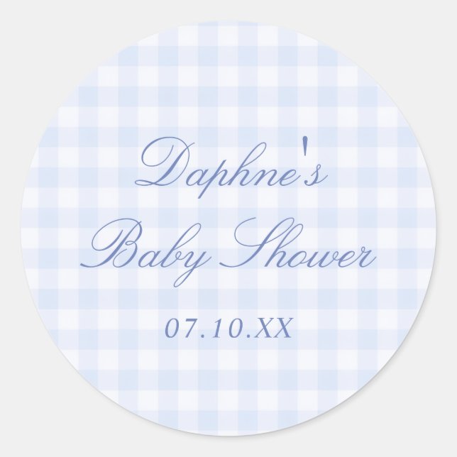 Blue Gingham Baby Shower Classic Round Sticker (Front)