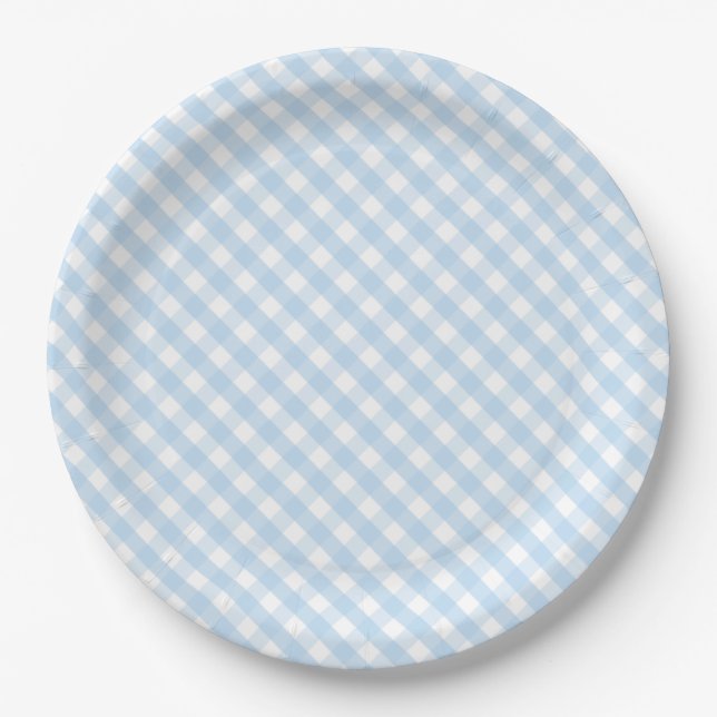 Blue gingham baby shower decorations paper plate (Front)