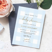 Blue Gingham Baby Shower Gold Foil Invitation