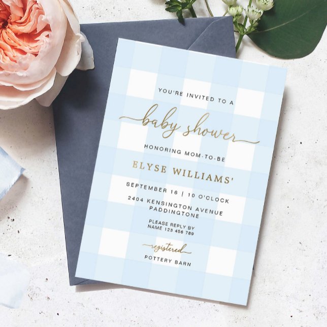 Blue Gingham Baby Shower Gold Foil Invitation (Baby Shower Gold Foil Invitation Blue Gingham)