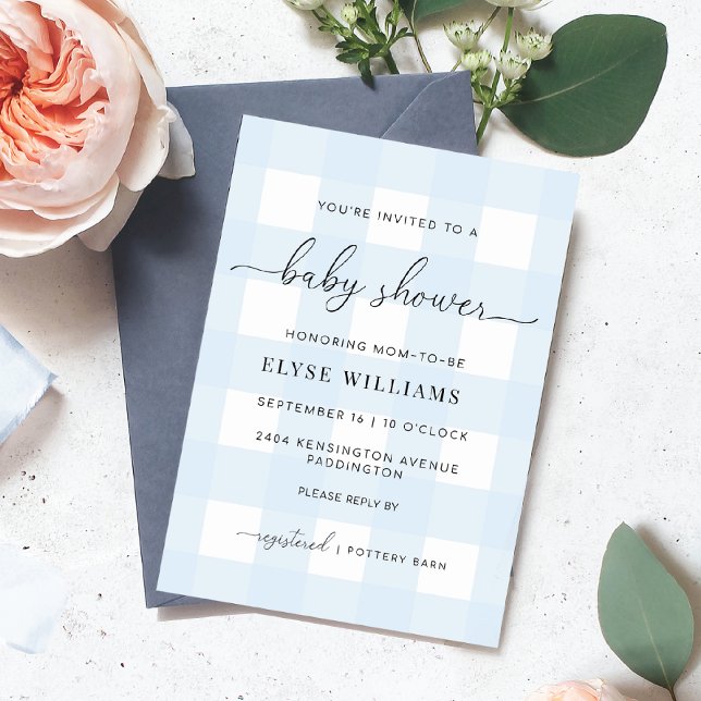 Blue Gingham Baby Shower Invitation (Baby Shower Invitation Blue Gingham Check)