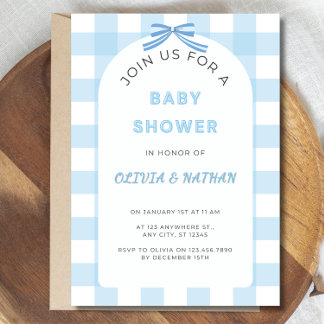 Blue Gingham Baby Shower Invitation, Blue Baby Boy Invitation