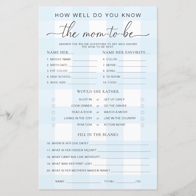 Blue Gingham Baby Shower Know The Mum-to-be Game (Front)