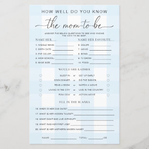Blue Gingham Baby Shower Know The Mum-to-be Game