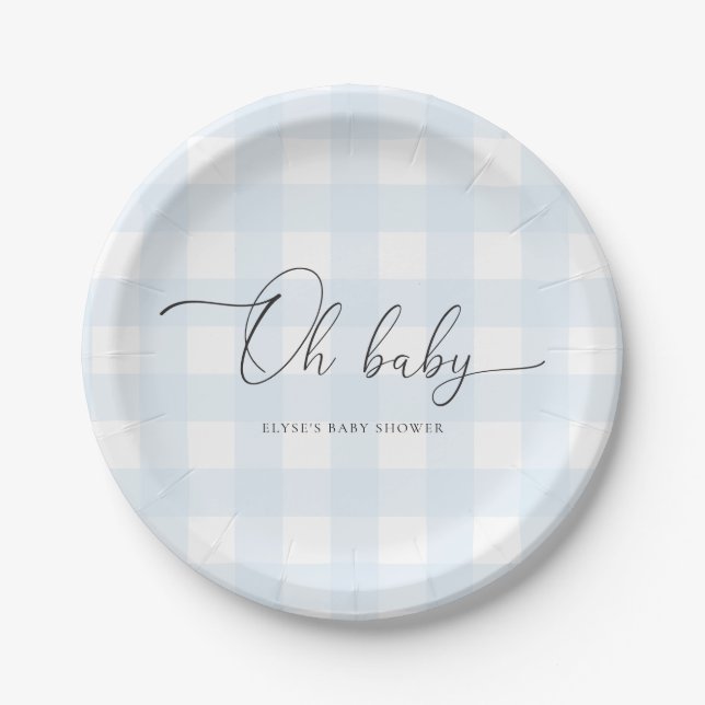 Blue Gingham Baby Shower Paper Plate (Front)