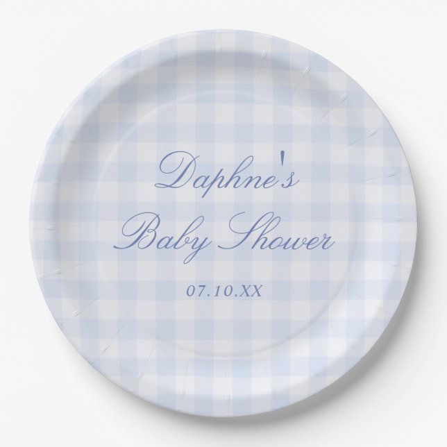 Blue Gingham Baby Shower Paper Plate (Front)