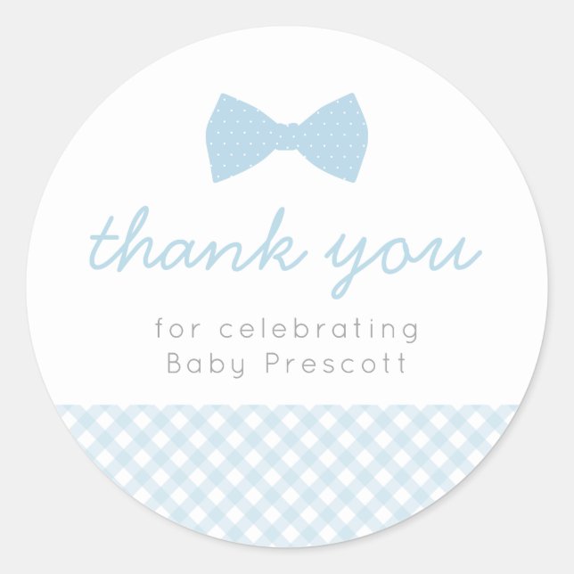Blue gingham baby shower sticker (Front)