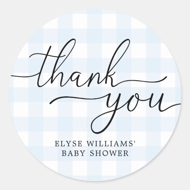 Blue Gingham Baby Shower Thank You Favour Sticker (Front)