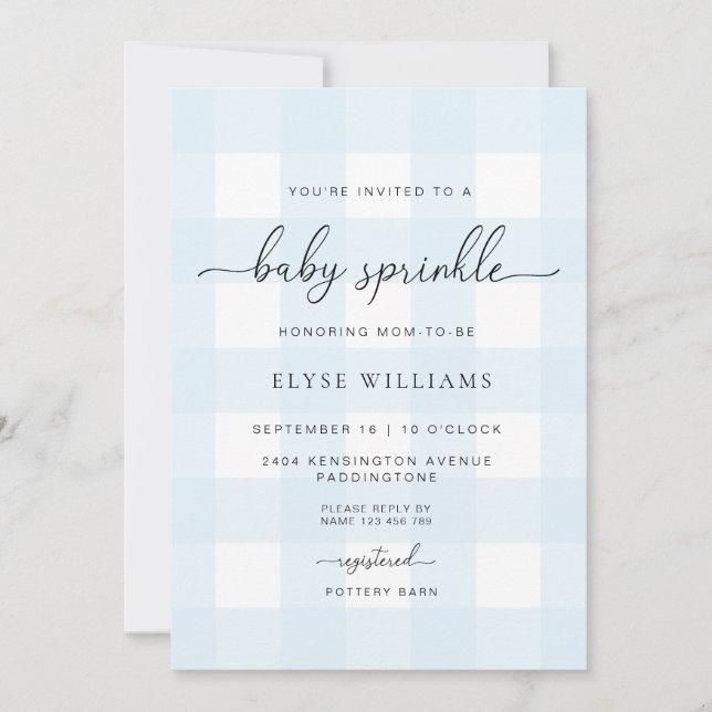 Blue Gingham Baby Sprinkle Invitation (Front)