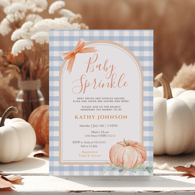 Blue Gingham Baby Sprinkle Pumpkin Baby Shower Invitation (Creator Uploaded)