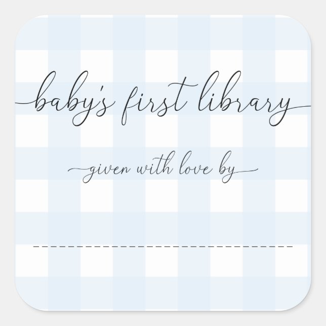 Blue Gingham Baby's First Library Bookplate Square Sticker (Front)