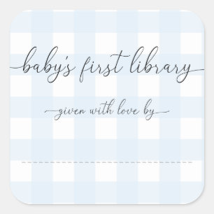 Blue Gingham Baby's First Library Bookplate Square Sticker