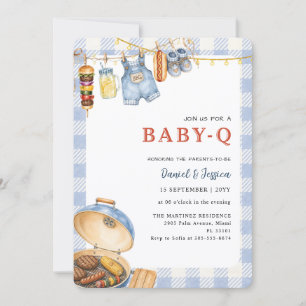 Blue Gingham Backyard Baby Q Baby Shower Invitation