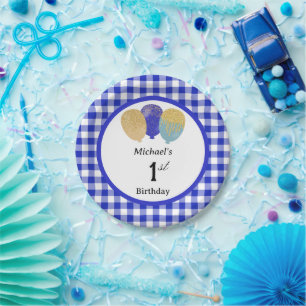Blue Gingham & Balloons 1st Birthday Paper Plate