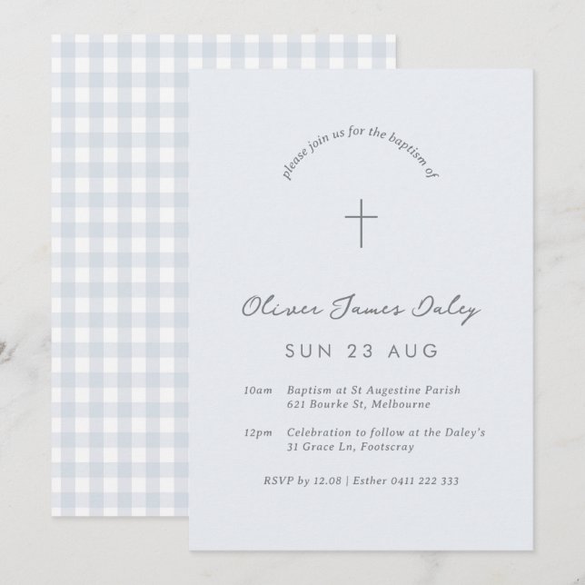 Blue Gingham Baptism Christening Cross Invitation (Front/Back)