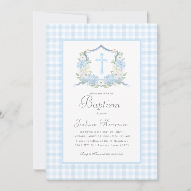 Blue Gingham Baptism Invitation, Boy Baptism Invitation (Front)