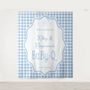 Blue Gingham Barbecue Baby-Q Baby Shower Welcome Tapestry
