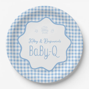 Blue Gingham Barbecue Boy BBQ Baby-Q Baby Shower Paper Plate