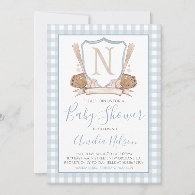 Blue Gingham Baseball Baby Shower Invitation (Creator Uploaded)