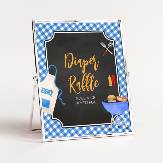 Blue Gingham BBQ Baby Shower Diaper Raffle Poster (Boy Baby-Q Baby Shower Diaper Raffle Sign)