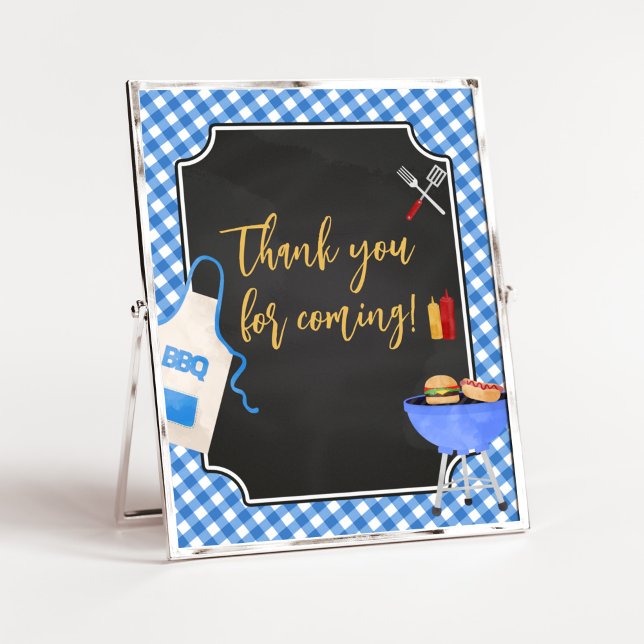 Blue Gingham BBQ Baby Shower Thank you for Coming Poster (Boy Baby-Q Baby Shower Thank you for Coming Sign)
