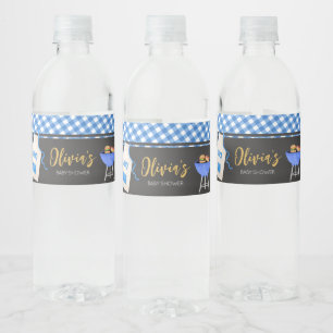 Blue Gingham BBQ Baby Shower Water Bottle Label