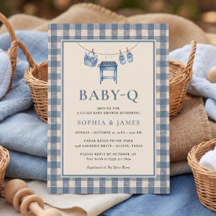 Blue Gingham BBQ Grill Clothesline Baby Shower Invitation