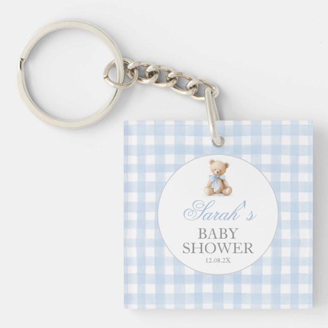 Blue Gingham Bear Baby Shower Key Ring (Front)