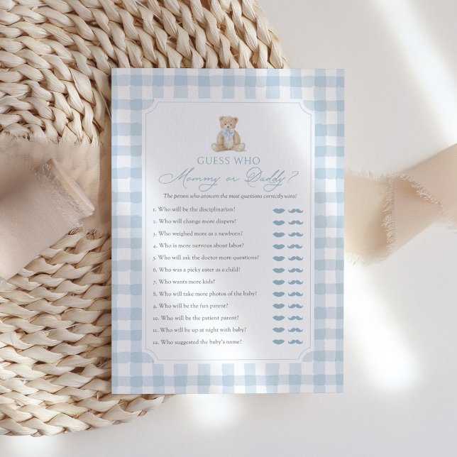 Blue Gingham Bear Baby Shower Mummy or Daddy Game Invitation (Creator Uploaded)