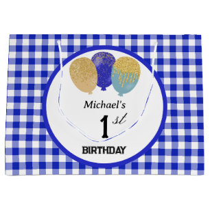 Blue Gingham & Blue Glitter Party Balloons Large Gift Bag