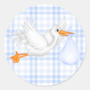 Blue Gingham Blue Stork Baby Shower Sticker