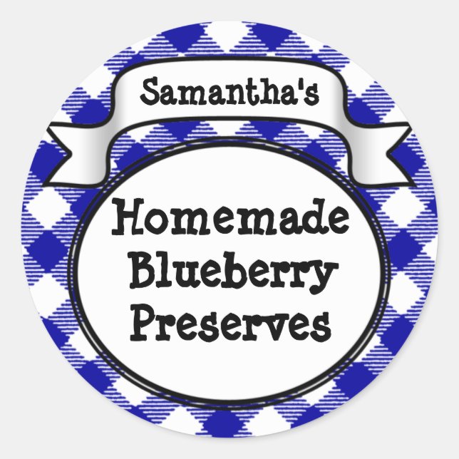 Blue Gingham Blueberry Jelly Jam Jar/Lid Label (Front)