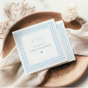 Blue Gingham Boho Watercolor Boy Baby Shower Napkin