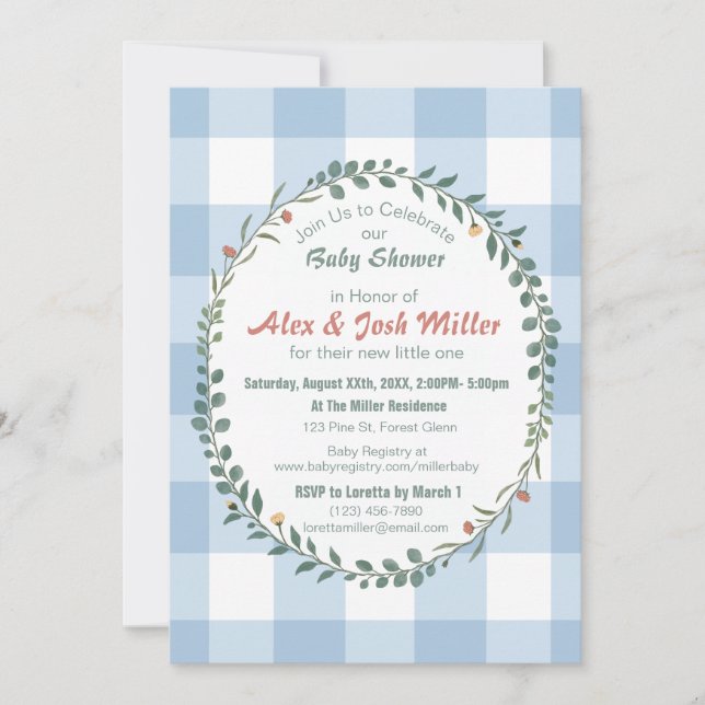Blue Gingham Botanical Wreath Baby Shower (Front)